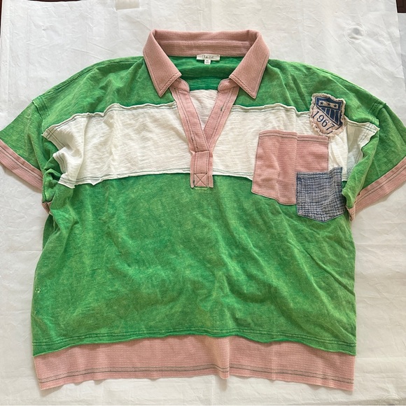 Oli & Hali washed patch varsity collar Green Pink Patchwork Jersey Top - Picture 4 of 8